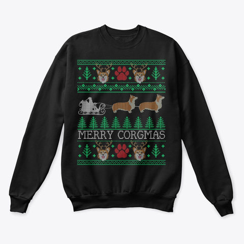Funny Corgi Ugly Christmas Sweater Black Camiseta Front