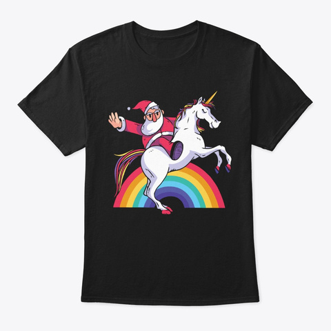 Funny Santa Riding Unicorn Black T-Shirt Front