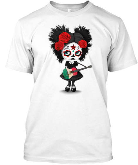 Sugar Skull Girl Playing Mexican Flag Guitar White Camiseta Front