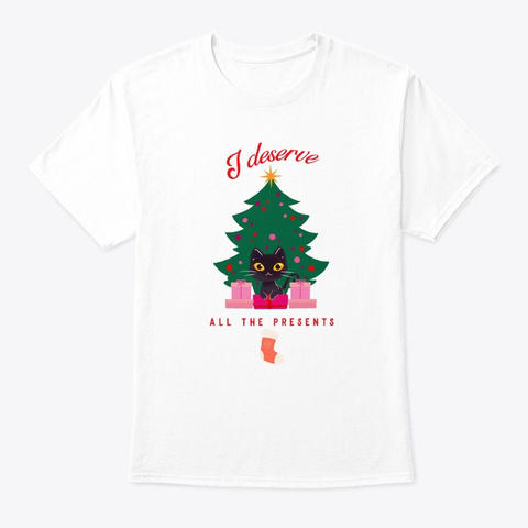 Christmas Cat, Tree With Presents White T-Shirt Front
