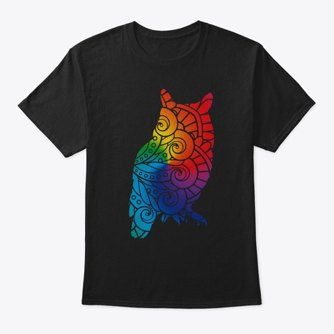 Owl Colorful Mandala Black T-Shirt Front