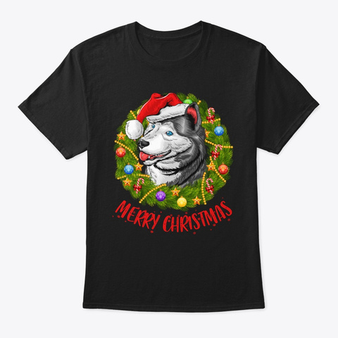 Husky In Christmas Wreath Tshirt Black T-Shirt Front