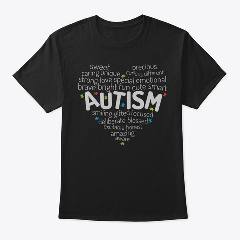 Autism Heart Word Collage Awareness For  Black T-Shirt Front