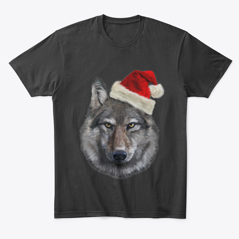 T Shirt, Timber Wolf In Santa Hat, Black T-Shirt Front