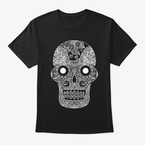 Decorative Doodle Skull Tattoo Art Black T-Shirt Front