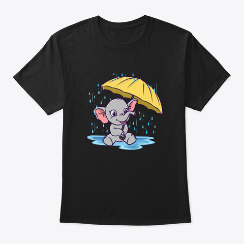 Baby Elephant Umbrella Raindrops Black T-Shirt Front