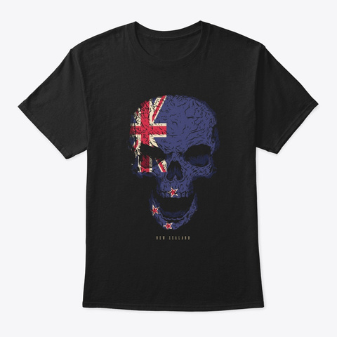 Skull New Zealand Flag Skeleton Black T-Shirt Front