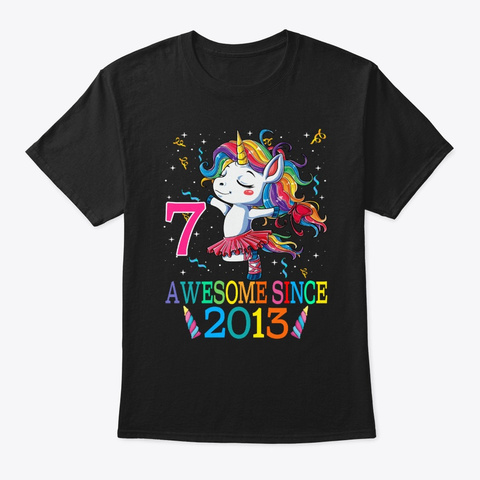 7 Years Old 7th Birthday Unicorn Black T-Shirt Front