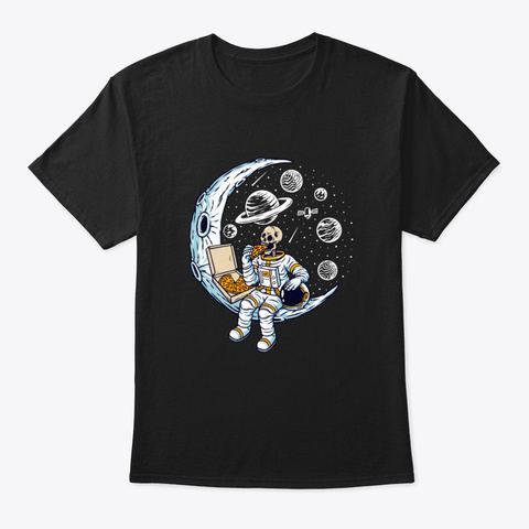 Astronaut Eating Pizza Black T-Shirt Front