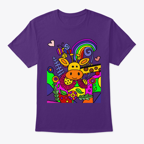 Cool Funny Giraffe In The Flower Garden Purple T-Shirt Front