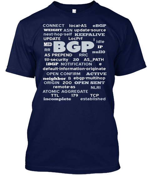 Connect Local As E Bgp Weight Asn Update Source Next Hop Self Keepalive Update Locprf Med Bgp Idle Ip Rr Nullo As... Navy T-Shirt Front