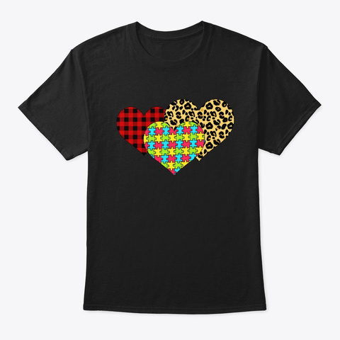 Autism Heart Puzzle Leopard Buffalo Gift Black T-Shirt Front