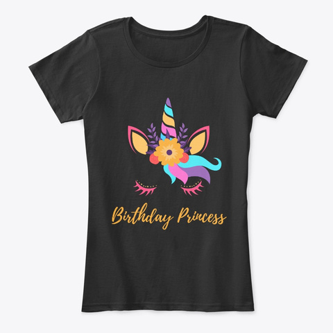Cute Unicorn Face Birthday  Princess Black T-Shirt Front