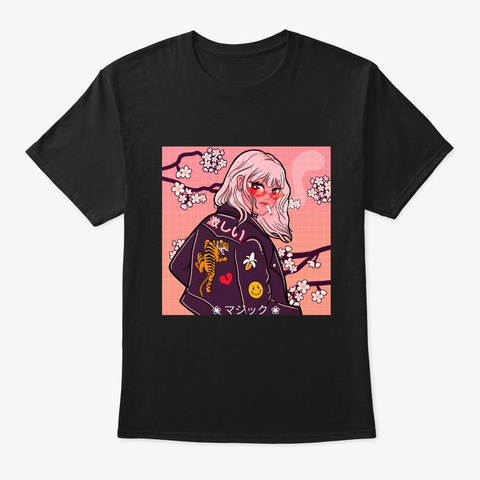 Japanese Retro Anime Cherry Blossom Black T-Shirt Front