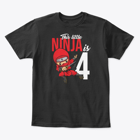 Little Ninja Is Four 4th Birthday Party Black T-Shirt Front