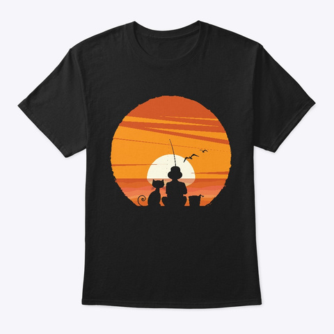 Boy And Cat Fishing At Sunset Black T-Shirt Front