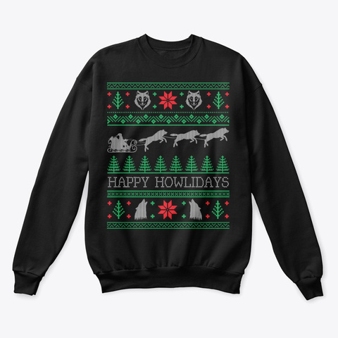 Funny Wolves Wolf Ugly Christmas Sweater Black T-Shirt Front