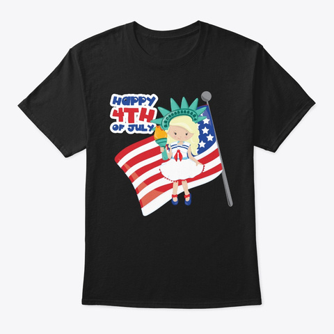 Happy 4th July Flag Blonde Girl Black T-Shirt Front