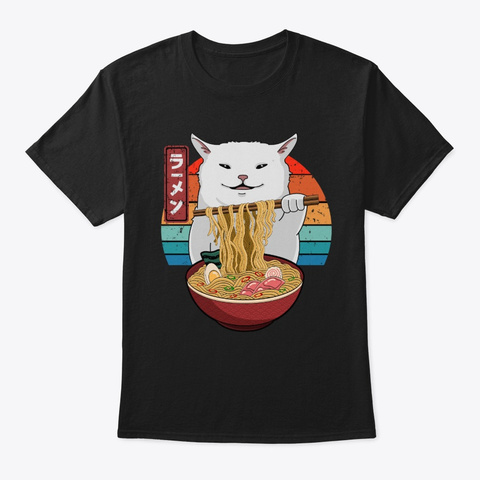 Kawaii Cat Eating Ramen Noodles Japanese Black T-Shirt Front