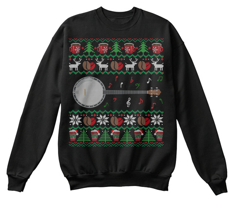 Coffee Banjo Ugly Christmas Sweater Gift Jet Black T-Shirt Front