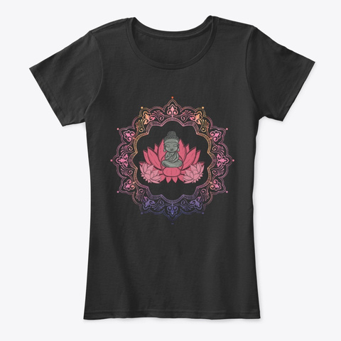 Lotus Mandala Circle Spiritual Yoga Black T-Shirt Front