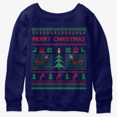 Horse Ugly Christmas Sweater Horse Santa Navy  T-Shirt Front