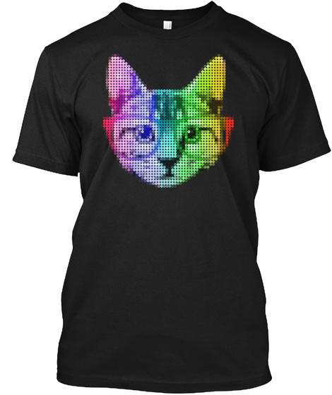 Rainbow Pop Art Cat With Glasses T Shirt Black T-Shirt Front