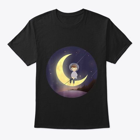 Little Boy On Moon Zen Night Meditation  Black T-Shirt Front