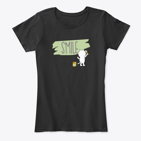 Cat Paints Smile Text Women Apparel Black T-Shirt Front
