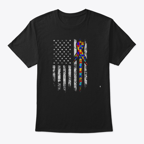 Autism Awareness Tshirt American Flag Di Black T-Shirt Front
