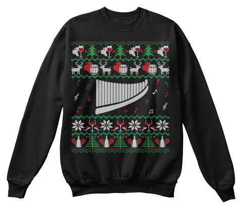 Pan Flute Wine Ugly Christmas Sweater Jet Black T-Shirt Front