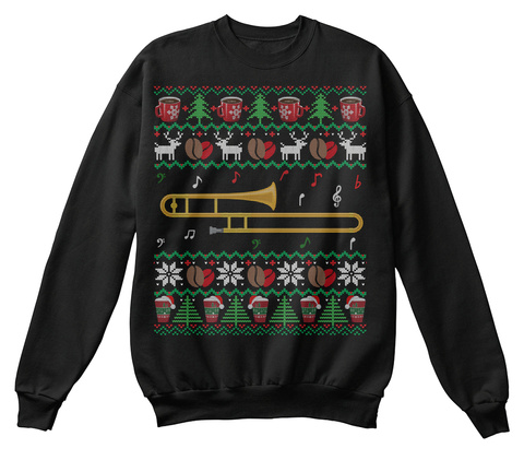 Coffee Trombone Ugly Christmas Sweater Black T-Shirt Front