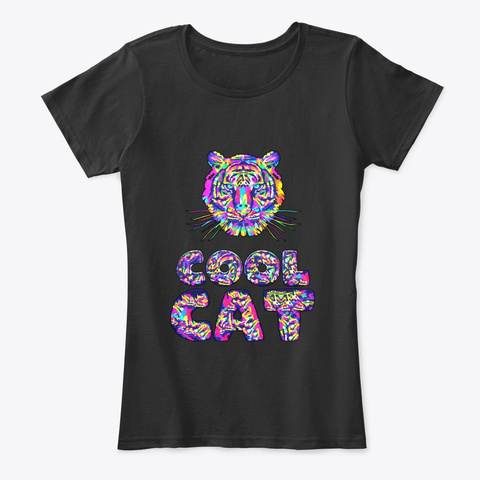 Cool Cat Rainbow Tiger Black T-Shirt Front