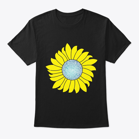 Sunflower Blue Gradient Mandala  Black T-Shirt Front