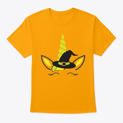 Yellow Unicorn Witch With Fun Black Hat Gold T-Shirt Front