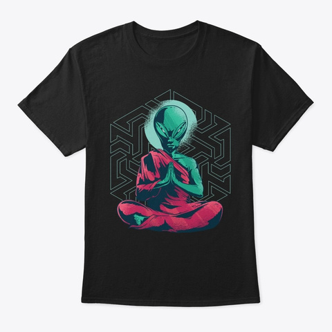 Yoga Alien Meditating Black T-Shirt Front