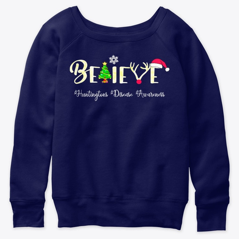 Christmas Believe Huntingtons Disease Navy  T-Shirt Front