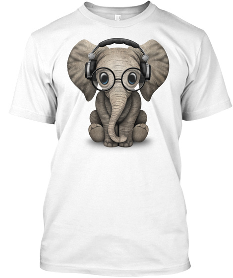 Cute Baby Elephant Dj Wearing Headphones And Glasses White T-Shirt Front
