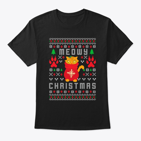 Meowy Christmas Ginger Cat Holiday Ugly Black T-Shirt Front