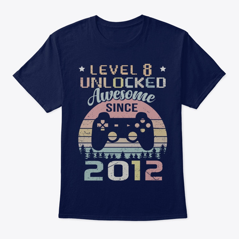 8th Birthday Gamer Level 8 Unlocked Navy T-Shirt Front