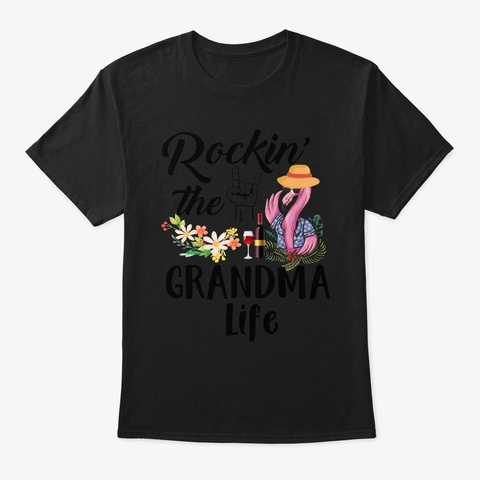 Flamingo Rocking The Gramma Life Fu Black T-Shirt Front