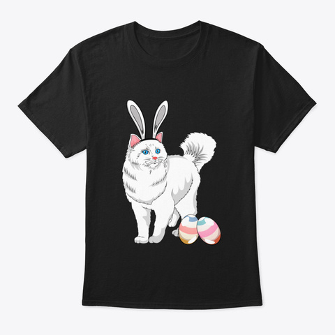 Happy Easter Day Cat Bunny And Eggs Funn Black T-Shirt Front