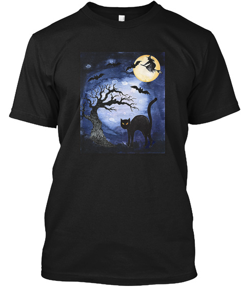 Black Cat Full Moon Bats Halloween Adult Black T-Shirt Front