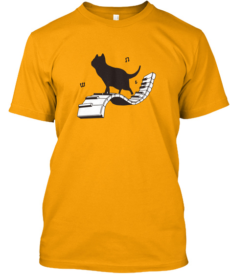 Silhouette Black Cat Walking On Piano Gold T-Shirt Front