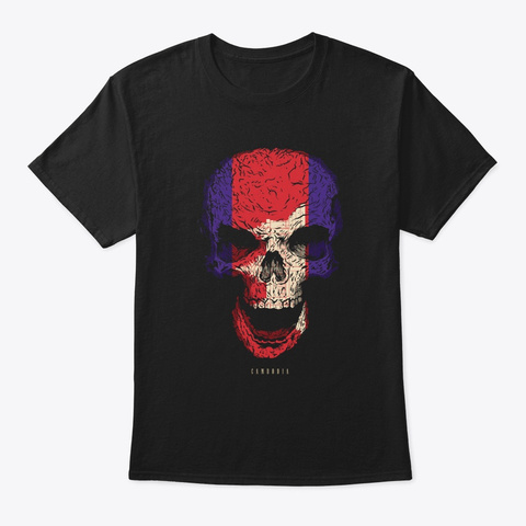Skull Cambodia Flag Skeleton Black T-Shirt Front