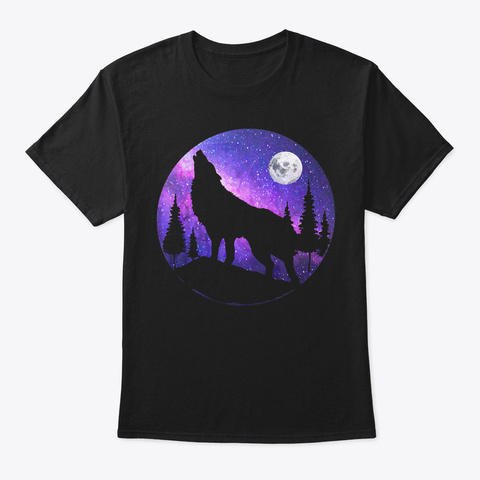 Howling Wolf With Full Moon Galaxy Sky S Black T-Shirt Front