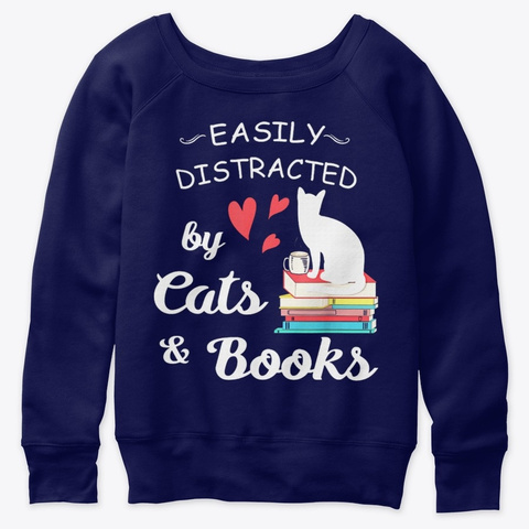 Easily Distracted By Cats Books T Shirt Navy  Kaos Front