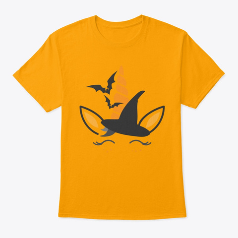 Orange Unicorn Witch With Fun Black Hat Gold T-Shirt Front