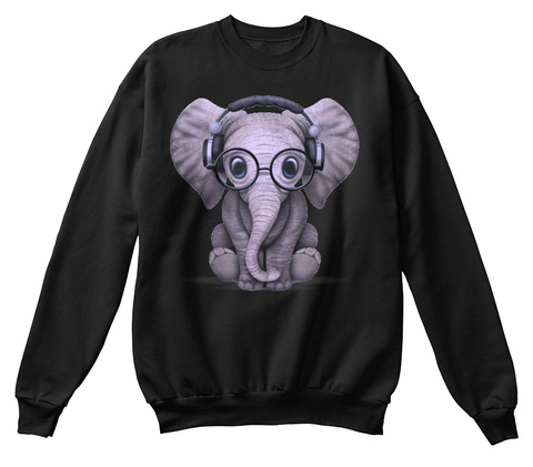 Cute Dj Elephant Black T-Shirt Front