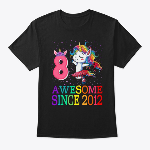 8 Years Old 8th Birthday Unicorn Black T-Shirt Front